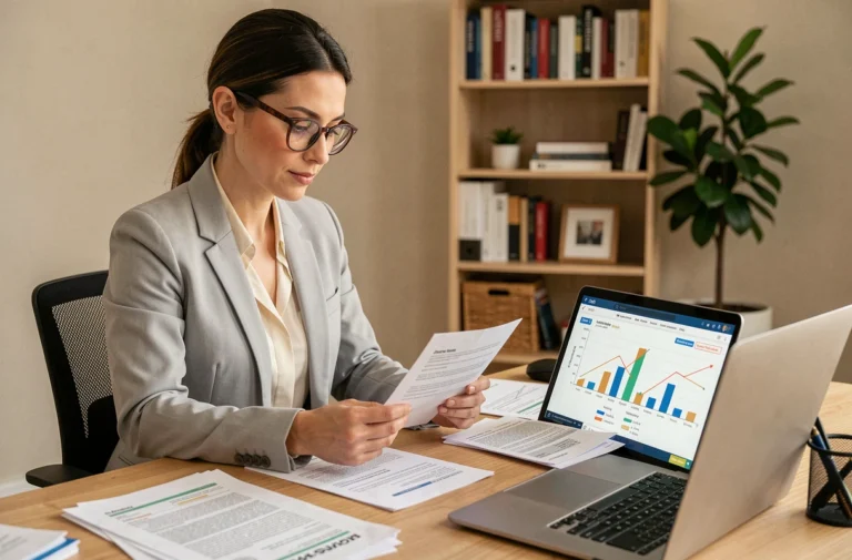 Femme comparant des garanties d'assurance auto sur ordinateur portable avec des documents imprimés sur un bureau