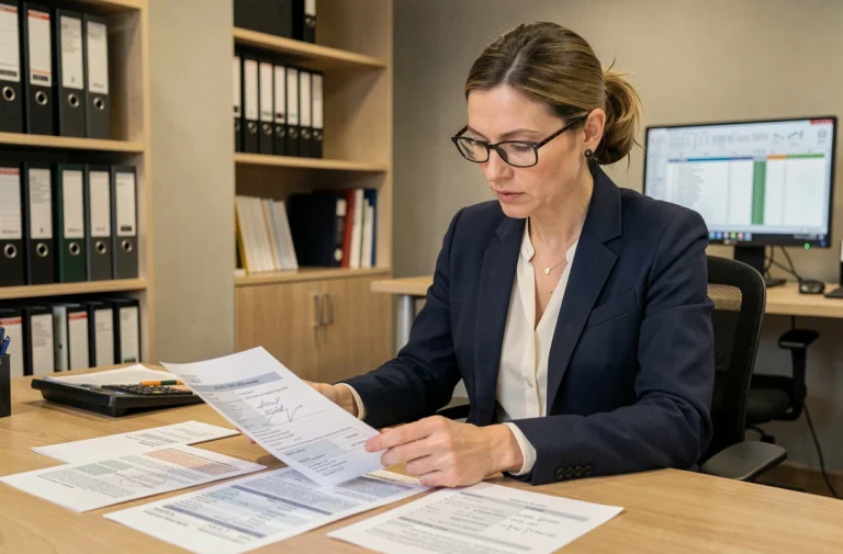 Comptable examinant des documents de déclaration TVA dans un bureau professionnel moderne