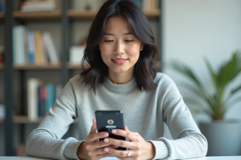Femme utilisant son compte Huawei ID sur un smartphone dans un bureau à domicile