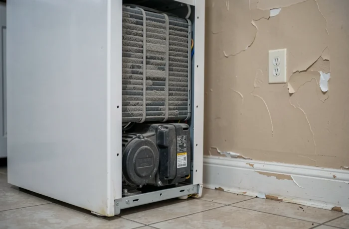 Condenseur poussiéreux à l'arrière d'un réfrigérateur partiellement sorti du mur pour maintenance