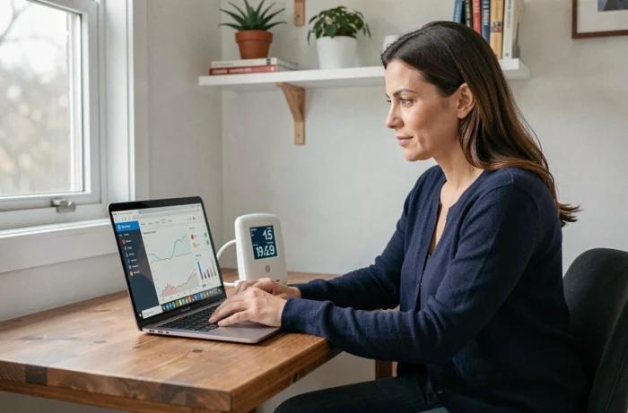Femme configurant une application de station météo connectée sur un ordinateur portable dans un bureau à domicile