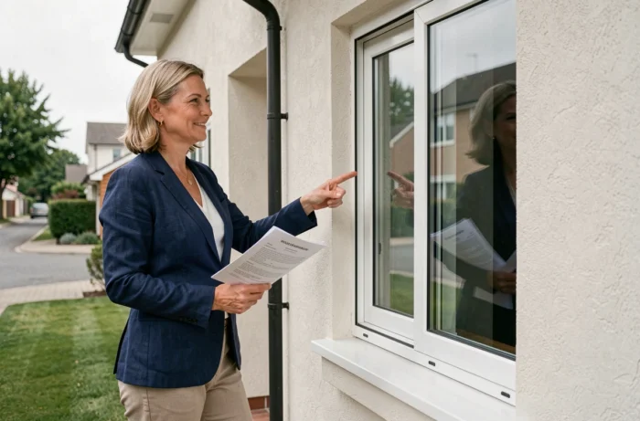 Conseillère en rénovation présentant une fenêtre coulissante PVC sur mesure conforme aux nouvelles normes 2026 sur une façade de maison contemporaine