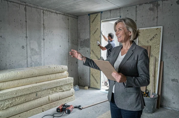 Conseillère en rénovation énergétique supervisant l'isolation thermique d'un logement au Luxembourg