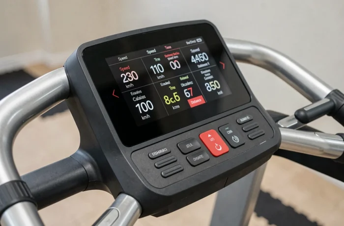 Gros plan sur la console numérique du tapis de course Sportstech F37s Pro avec affichage des données d'entraînement