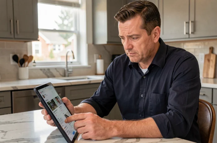 Homme consultant des avis en ligne sur une tablette pour évaluer la fiabilité d'une plateforme numérique