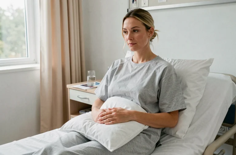Femme en convalescence après une opération gynécologique assise dans un lit d'hôpital tenant un oreiller contre son abdomen