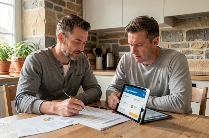 Couple consultant les dossiers d'aides à la rénovation énergétique au Luxembourg à domicile