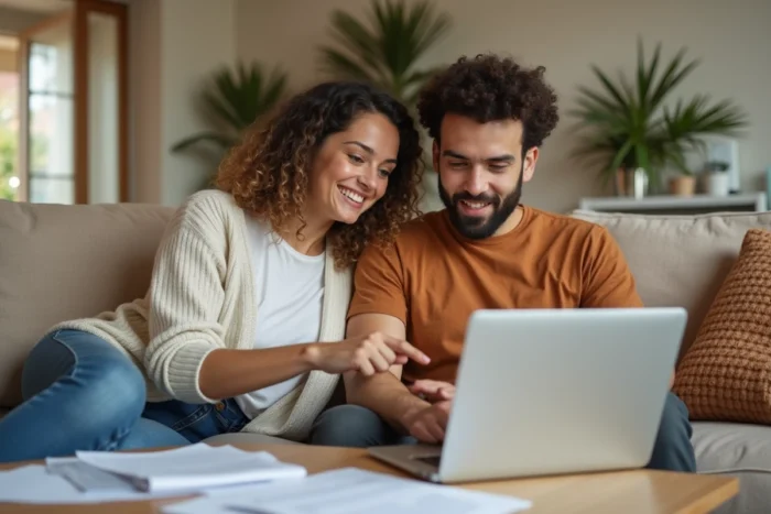 Couple gérant ensemble leur espace locatif MyFoncia sur un ordinateur dans leur salon