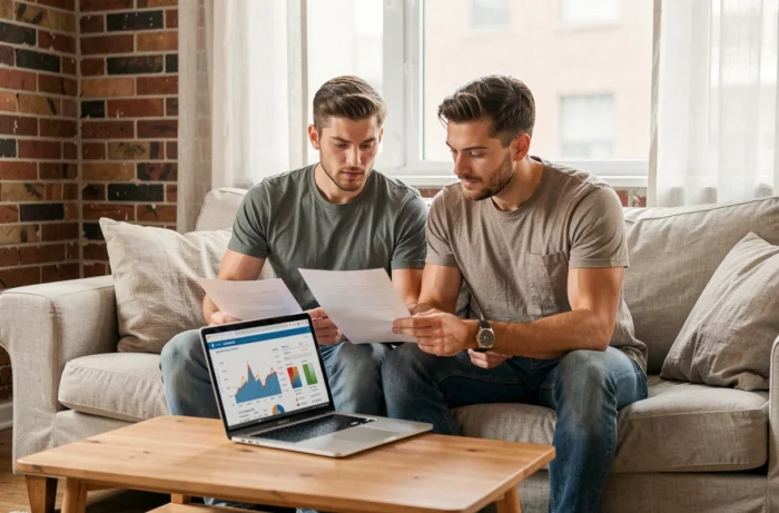 Couple analysant leurs finances personnelles sur ordinateur portable avec des solutions bancaires modernes à domicile
