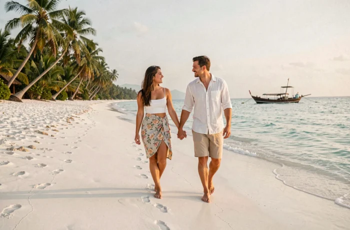 Couple de mariés se promenant pieds nus sur une plage tropicale isolée lors de leur lune de miel exotique