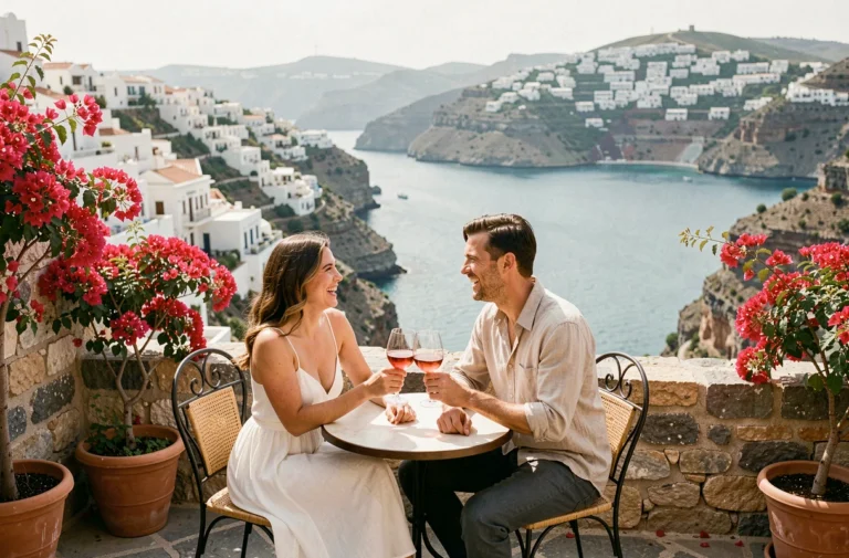 Couple de jeunes mariés riant ensemble en terrasse d'un café avec vue sur la mer Méditerranée lors de leur voyage de noces
