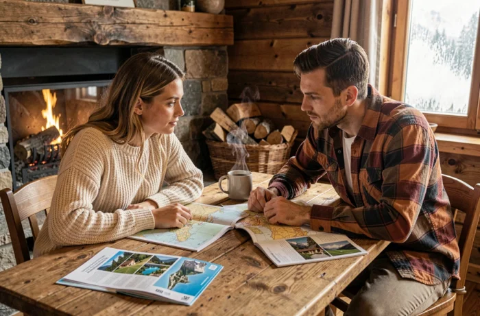 Couple planifiant leur voyage de noces ensemble autour d'une table en bois dans un chalet de montagne avec des cartes de voyage