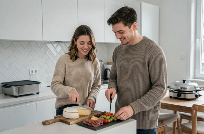 Couple parisien préparant une raclette dans une cuisine moderne en hiver