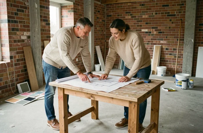 Couple examinant des plans architecturaux dans un appartement en cours de rénovation immobilière