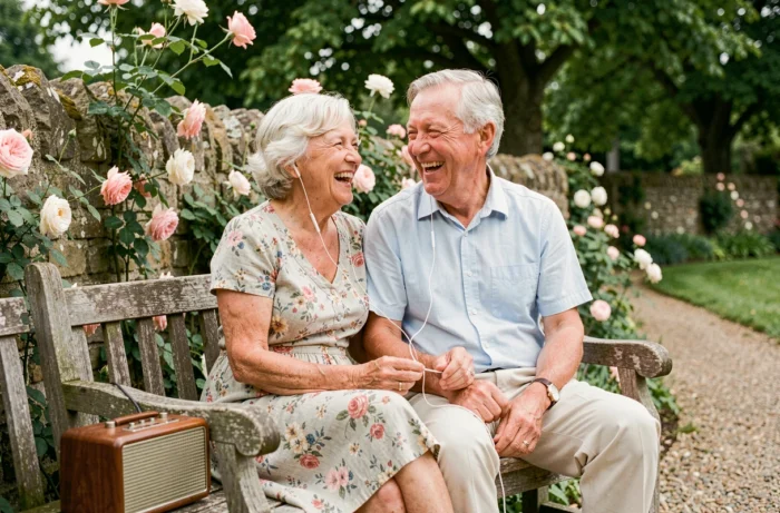 Couple de seniors partageant de la musique ensemble dans un jardin fleuri pour leurs 50 ans de mariage