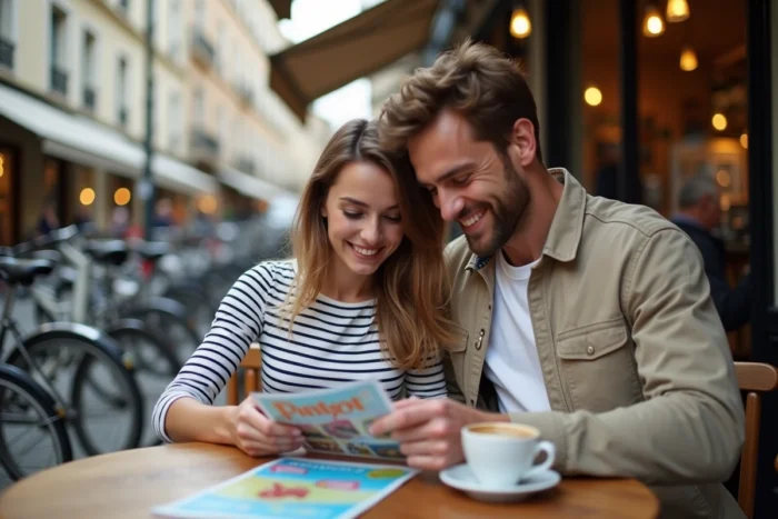Jeune couple consultant un programme de sorties locales en terrasse de café dans un quartier urbain français