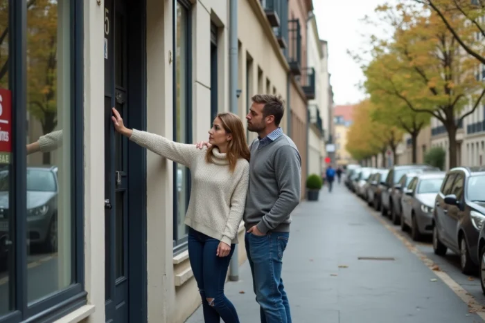 Couple devant un immeuble résidentiel examinant une annonce immobilière affichée en agence