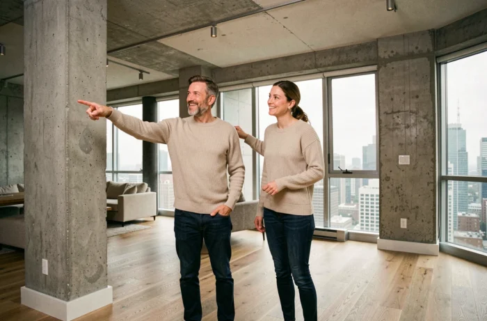 Couple visitant un appartement contemporain au design épuré, tendance immobilière 2024