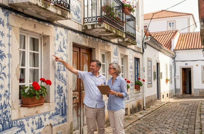 Couple visitant une maison portugaise traditionnelle avec façade en azulejos lors d'une visite immobilière