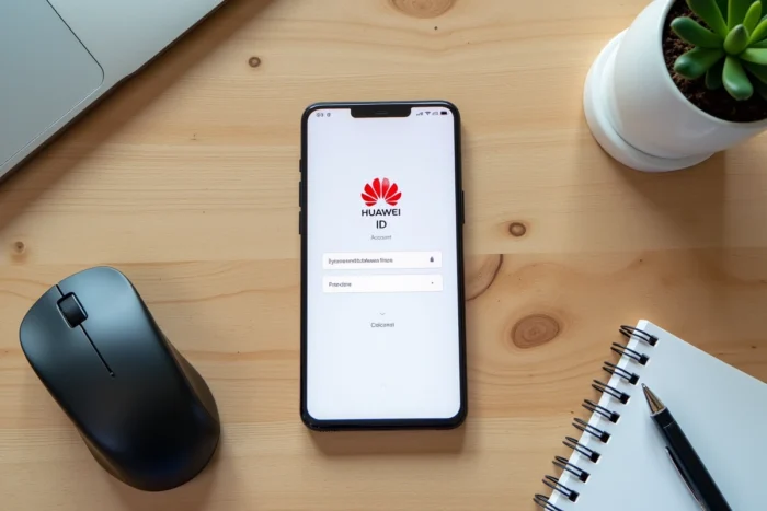 Vue de dessus d'un smartphone Huawei affichant l'écran de création d'un compte Huawei ID sur un bureau en bois
