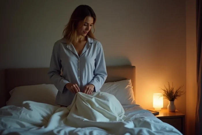 Femme en pyjama se préparant à se coucher à heure fixe dans une chambre minimaliste et apaisante