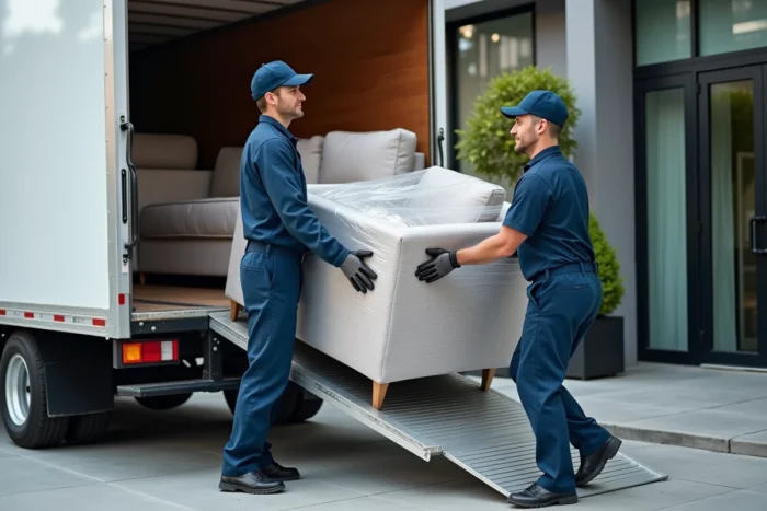 Deux déménageurs professionnels chargeant un canapé emballé dans un camion 15m3 via une rampe métallique devant un immeuble moderne