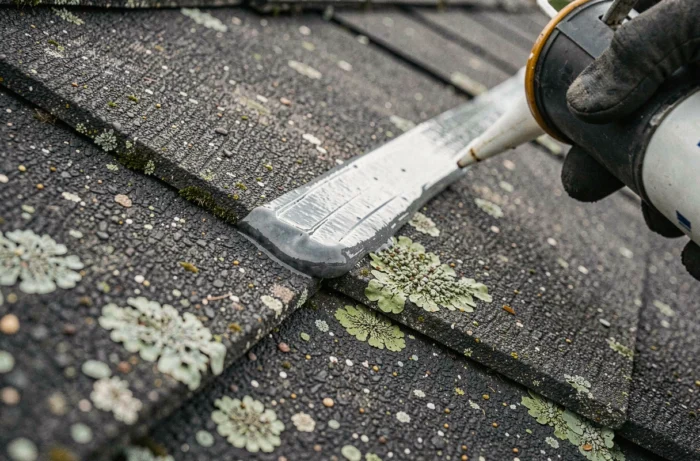 Gros plan sur l'application d'un produit d'étanchéité transparent sur les joints de bardeaux d'une toiture en shingle
