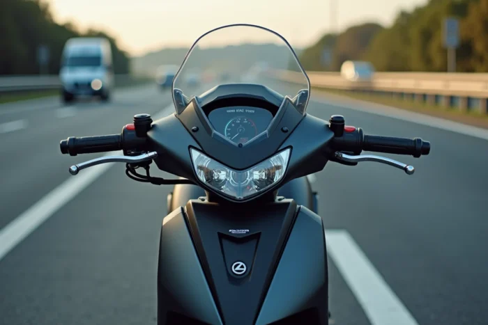 Détail du tableau de bord et du pare-brise d'un scooter 125cc maxi-scooter garé dans une aire d'autoroute, montrant ses équipements pour longs trajets