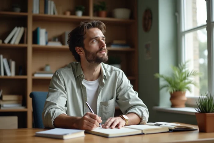Homme écrivant dans un journal personnel à son bureau à domicile, pratiquant le développement personnel par la conscience de soi