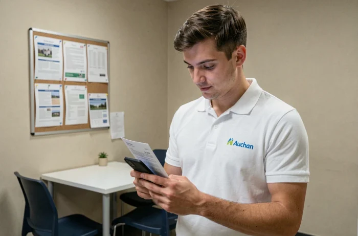 Employé étudiant Auchan consultant son contrat sur smartphone dans la salle de pause du personnel