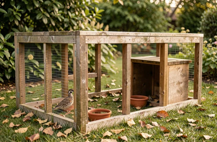 Enclos extérieur bien aménagé pour cailles de Chine avec structure en bois, grillage fin et abri naturel dans un jardin verdoyant