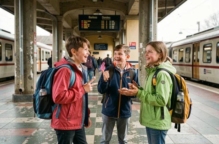 Groupe d'enfants avec des sacs à dos sur un quai de gare pour un voyage scolaire