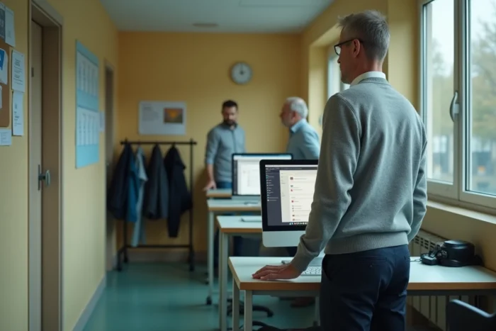Enseignant masculin consultant son webmail académique Dijon sur un ordinateur de bureau dans un couloir scolaire