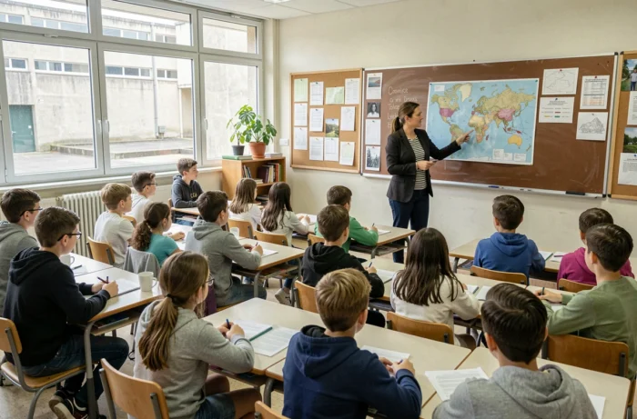 Enseignante présentant la destination d'un voyage scolaire à ses élèves dans une salle de classe