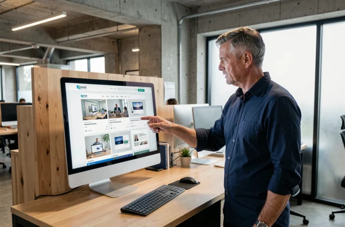 Entrepreneur masculin choisissant un modèle de site web professionnel sur un grand écran dans un espace de coworking moderne