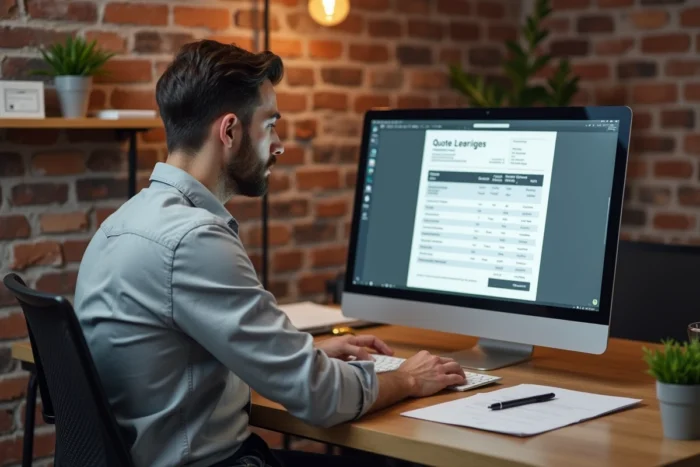 Entrepreneur masculin créant un devis professionnel conforme sur ordinateur dans un bureau chaleureux style start-up