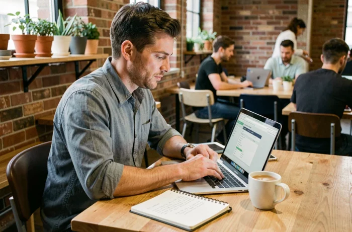 Entrepreneur en auto-entreprise complétant une déclaration TVA en ligne dans un espace de coworking