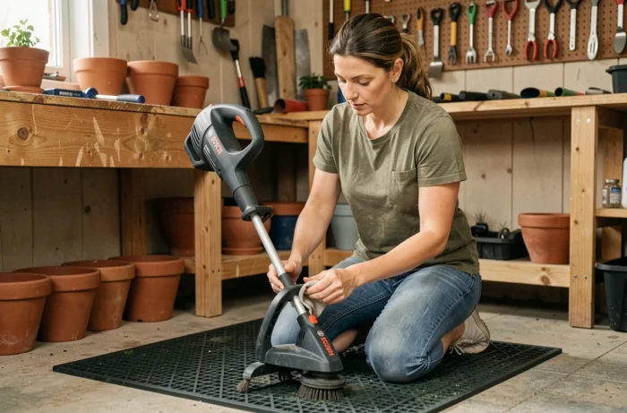 Femme entretenant et nettoyant le Bosch AdvancedGrassCut 36 dans un atelier de jardin