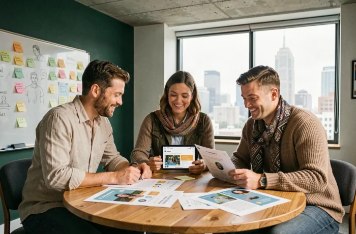 Équipe créative collaborant sur une stratégie de communication digitale et des annonces en ligne innovantes