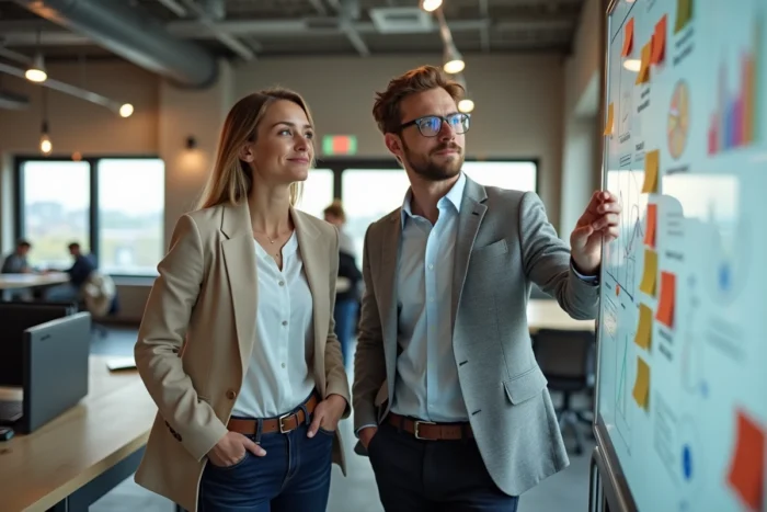 Deux collègues discutant d'une stratégie de side business devant un tableau blanc dans un espace de coworking moderne