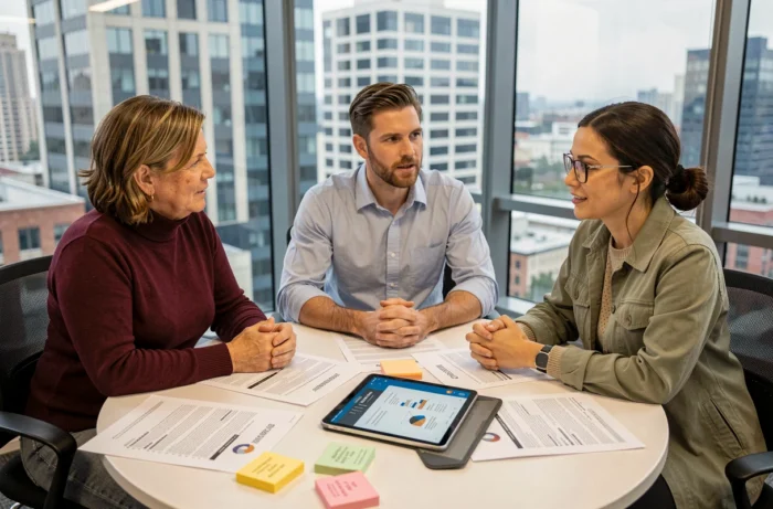 Équipe de professionnels discutant des nouvelles fonctionnalités et évolutions d'une plateforme en réunion collaborative
