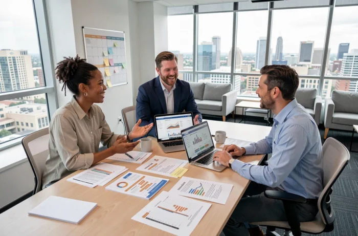 Équipe de professionnels du marketing digital collaborant sur une stratégie de référencement naturel en réunion
