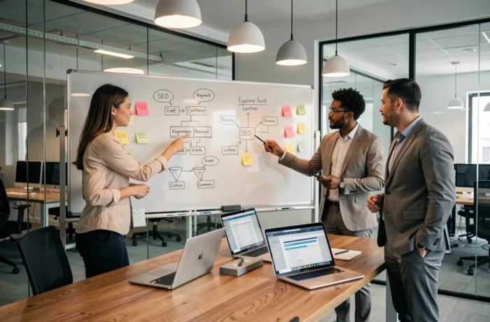 Équipe marketing collaborant sur une stratégie SEO autour d'un tableau blanc dans une agence digitale