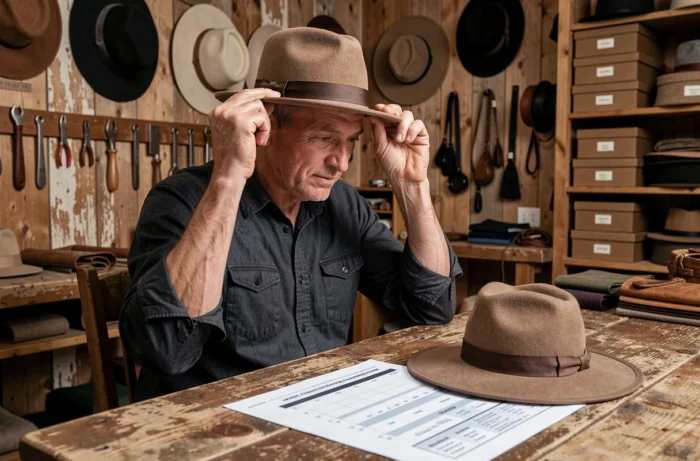 Homme essayant un chapeau fedora en feutre dans un atelier de chapelier artisanal