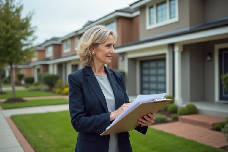 Femme estimant le prix d'une maison en examinant la façade avec un clipboard, conseils pour estimer la valeur immobilière