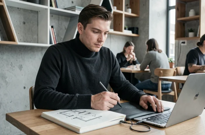 Étudiant en design d'intérieur travaillant sur tablette graphique et carnet de croquis dans un café urbain