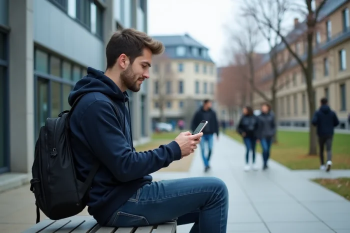 Étudiant utilisant son smartphone pour accéder au portail Léo UGA en extérieur sur le campus de l'Université Grenoble Alpes