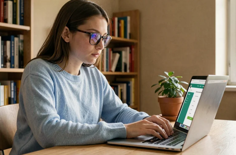 Jeune étudiante se connectant à son compte HR4You Auchan sur un ordinateur portable depuis son appartement