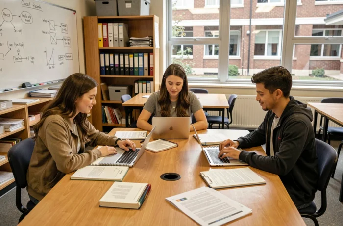 Groupe d'étudiants en alternance travaillant ensemble sur un projet dans une salle de formation professionnelle