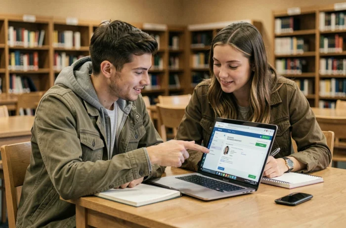 Deux étudiants consultant ensemble le portail RH Auchan HR4You sur un ordinateur à la bibliothèque universitaire